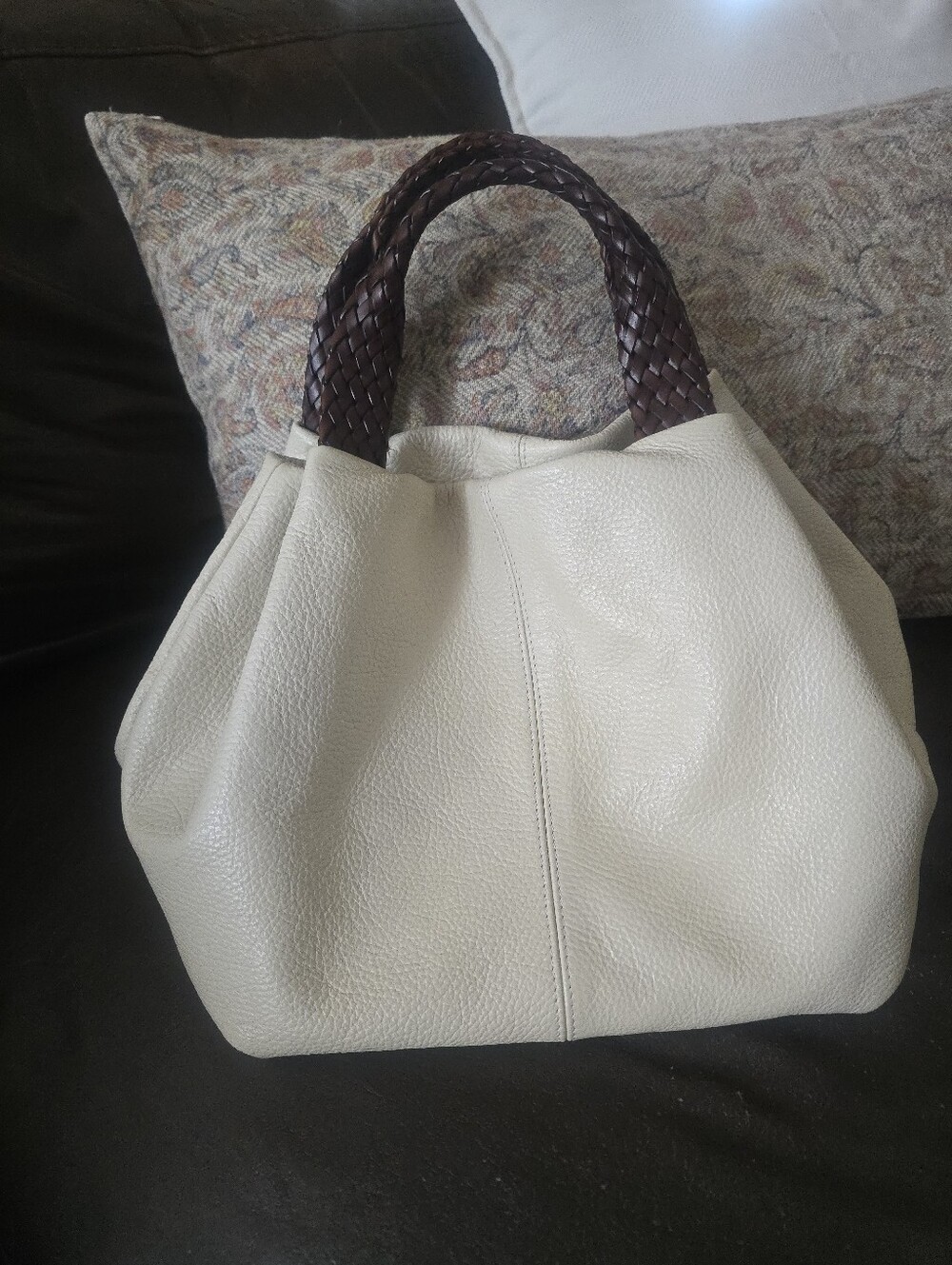 Sundance Cream Leather Tote with Brown Braided Handles
